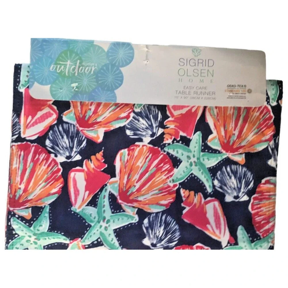 Sigrid Olsen Table Runner 15x90 Beach Seashells Reversible Indoor Outdoor Navy